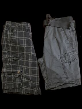 Faded Glory Men’s Gray Cargo Shorts Duo — Solid & Plaid